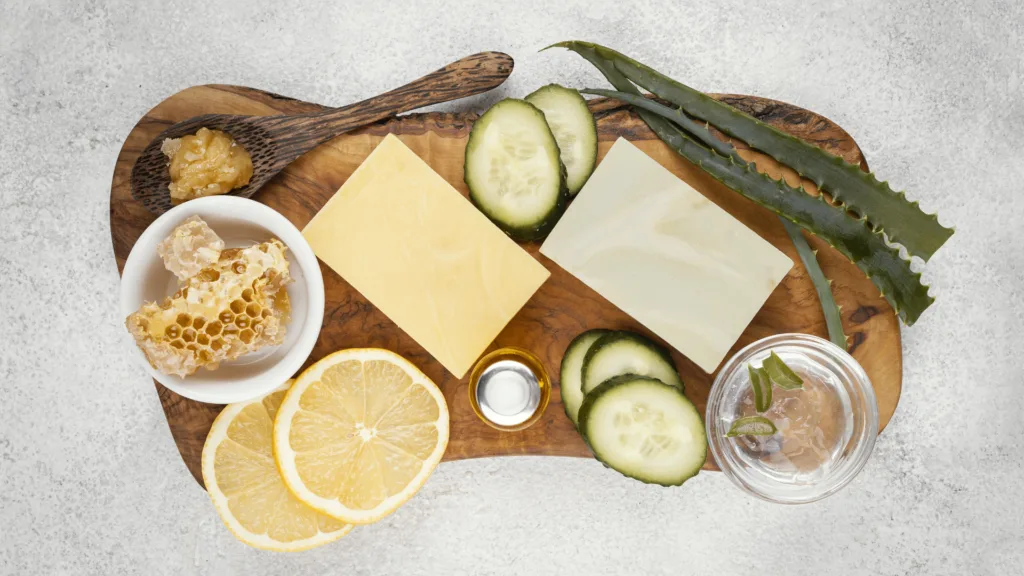 Natural remedies for dry skin showing honey, aloe, cucumber in What Does Dry Skin Say About Your Health guide.